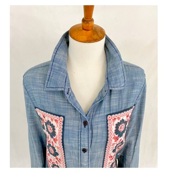Free People Born Free Chambray Floral Panel Shirt - Picture 3 of 8